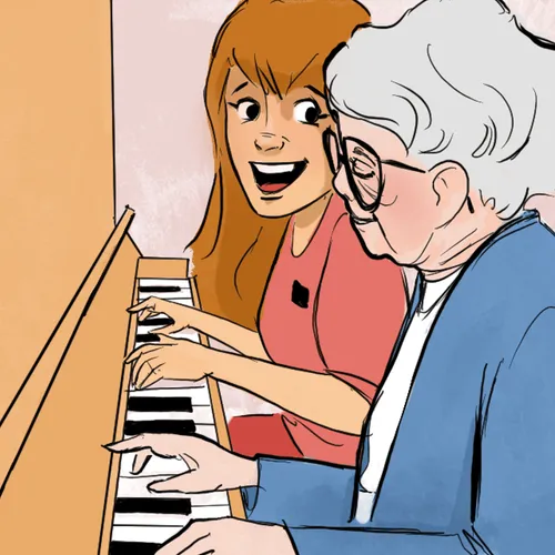 missionary playing piano with old woman