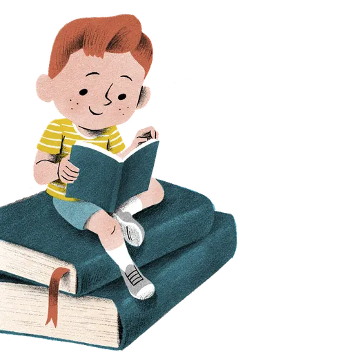 Little boy sitting on a stack of books reading