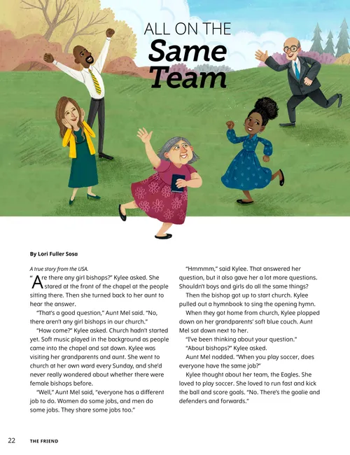 Page PDF with illustration with men and women dressed in church clothes playing soccer together