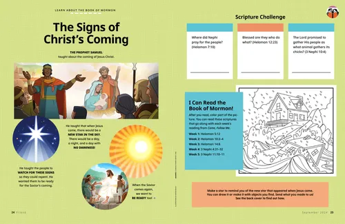 Page PDF with illustrations of the birth of Jesus Christ, a star, the sun, and Jesus Christ with children; plus a coloring activity of a house on a strong foundation and a house washing away in a flood