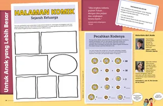 Halaman PDF dengan kegiatan untuk membuat komik potongan sejarah keluarga, dan kegiatan kode tentang persepuluhan