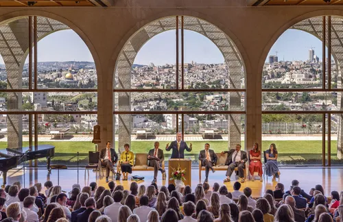 Elder Dieter F. Uchtdorf speaking at the BYU Jerusalem Center