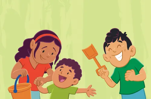 Margo, Paolo, and Lucas with sand buckets and shovels