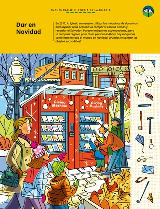 Página en PDF de actividad con imágenes ocultas que muestran personas en máquinas de donativos en Navidad