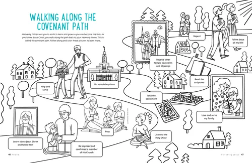 Coloring activity with images of people doing gospel-related things, such as praying, going to the temple, and serving others