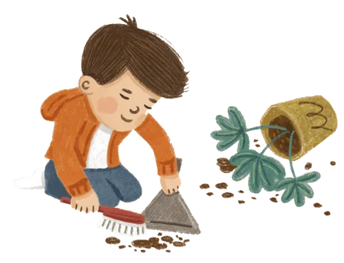 Boy cleaning up a spilled potted plant