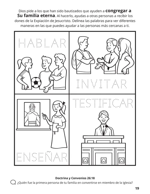 Página para colorear en PDF de niños hablando a otras personas sobre el Evangelio