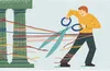 illustration of a man using scissors to untie himself from a column