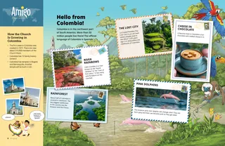 Page PDF with a background showing a mountain, a tropical forest, and a river with pink dolphins