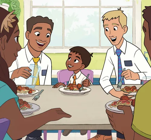 Family eating dinner with the missionaries