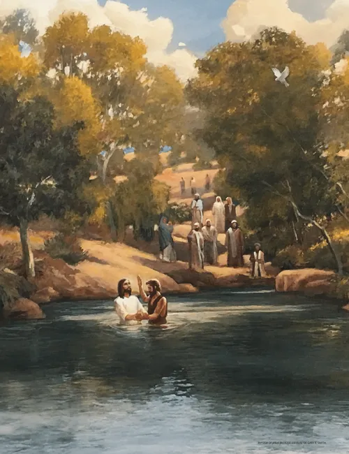 O lucrare de artă cu Isus Hristos fiind botezat.