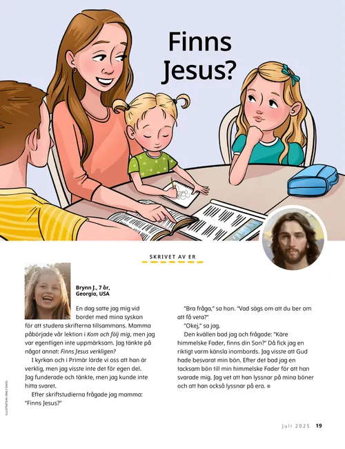 Pdf-sida med en flicka som sitter vid ett bord med sin mamma, lillasyster och storebror