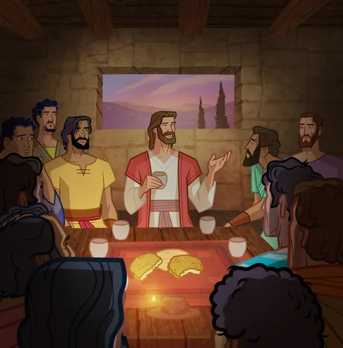 Jesus blessing the wine for the sacrament.