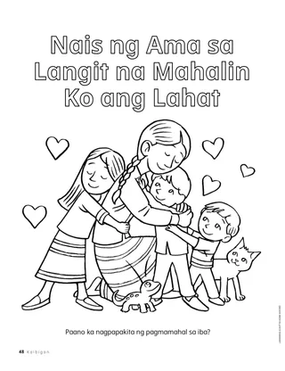 Pahinang kukulayan na may mga batang magkakayakap