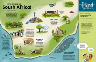 PDF na pahina ng mapa ng South Africa kasama ang wildlife at mga landmark
