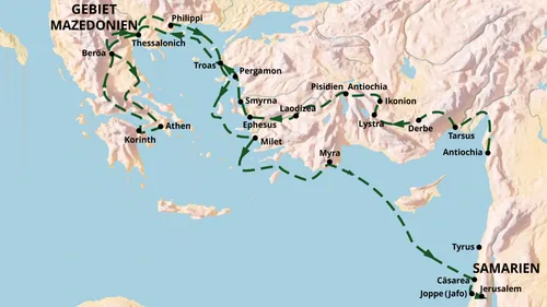 Karte mit Orten, die Paulus auf seiner dritten Missionsreise besucht hat