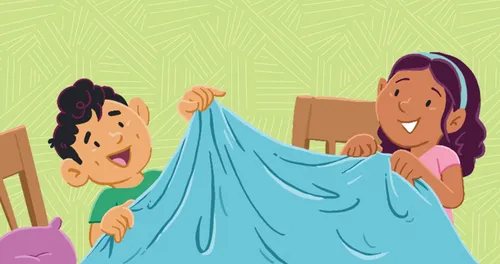 Margo and Paolo putting a blanket over chairs