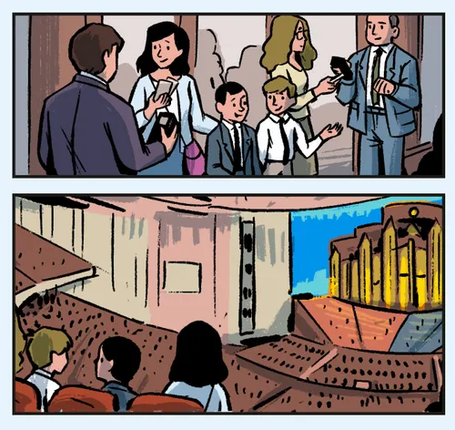 Illustrations of the group presenting their tickets at the door and then sitting down in their seats