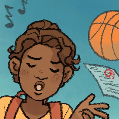 young woman with musical notes, basketball, and school paper