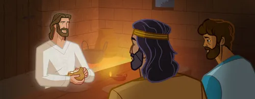 Jesus blesses bread and gives it to the disciples.