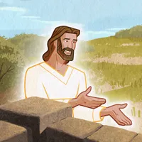 Jesus teaching a group of children, with a cornerstone in the foreground.