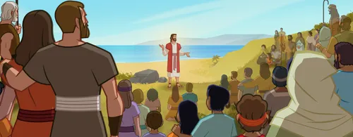 Jesus teaching near the Sea of Galilee.