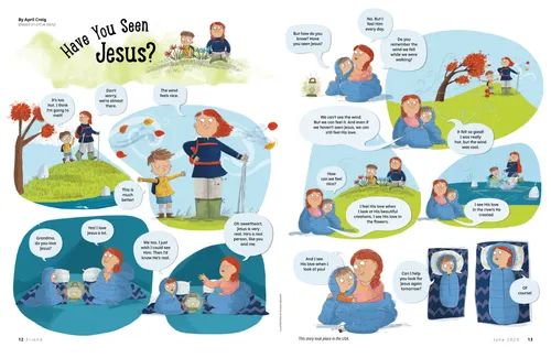 Illustrations of a boy and his grandma walking in nature and sleeping in sleeping bags