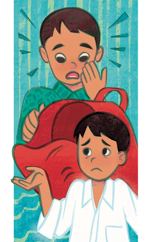 Distressed boy looking into an empty bag; boy wearing white dress shirt that is too big