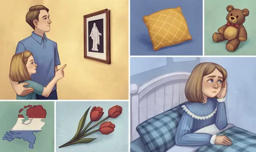 Girl with her dad looking at a painting of Jesus Christ on their wall, and girl sitting on her bed looking concerned