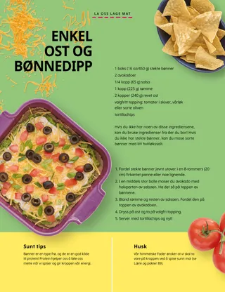 PDF-side med en bolle med tortillachips, en panne med bønnedipp og tomater