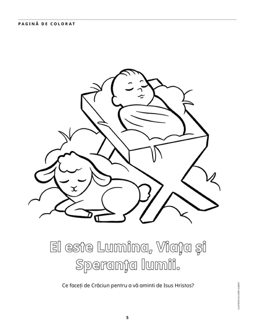 Pagină de colorat în format PDF cu pruncul Isus în iesle și un miel.