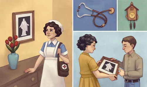 A woman wearing a nurse’s uniform looking at a painting of Jesus Christ in her home