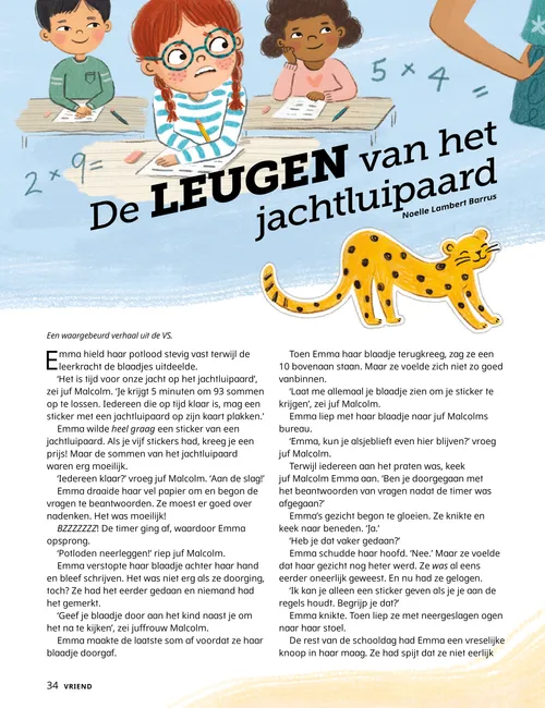 Pdf-pagina met illustraties van jachtluipaardstickers, een meisje dat nerveus naar haar schoolbank kijkt en het meisje dat met haar moeder bidt