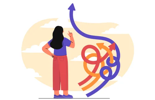 an illustration of a woman looking at a tangle of lines and figuring out which one to follow