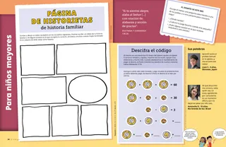 Página PDF con una actividad para hacer una historieta de historia familiar y una actividad de código sobre el diezmo