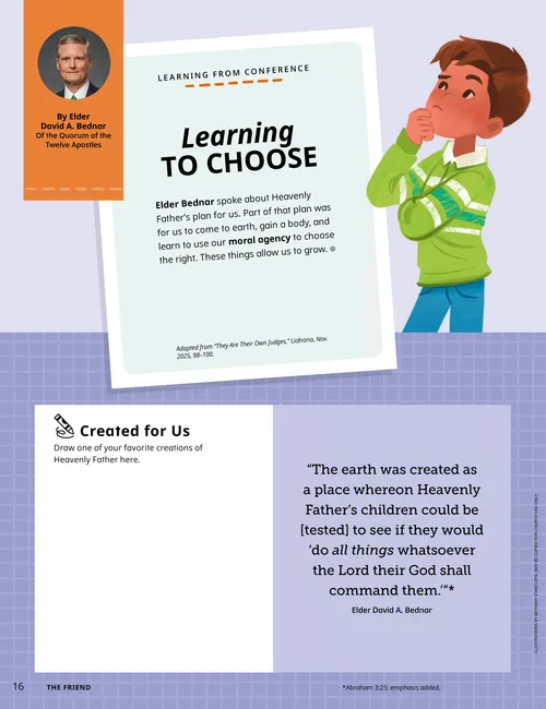 Page PDF with illustrations of a boy thinking with his hand on his chin, and children choosing to do good