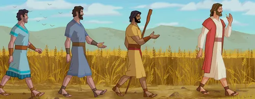 Jesus and His disciples walking through a field.