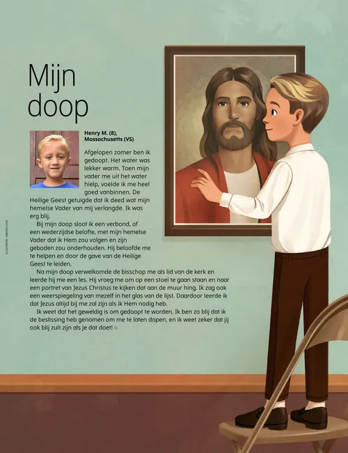 Pdf-pagina met illustratie van een jongen die op een stoel naar een schilderij van Jezus Christus staat te kijken