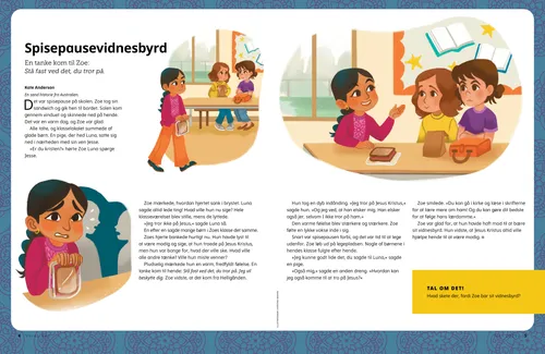 PDF historie om en pige til frokost, der ser bange ud, og derefter taler med to piger ved et frokostbord