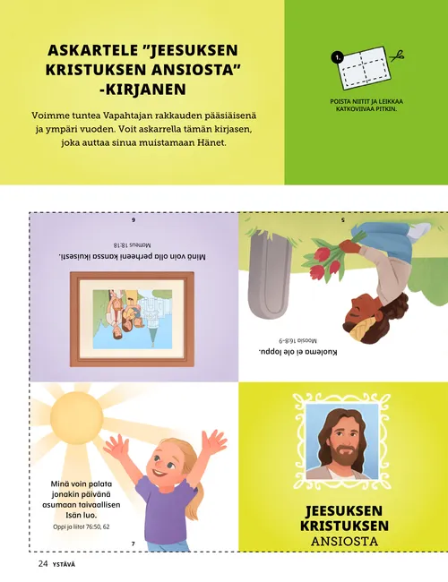 PDF-sivu askartelusta, josta voi tehdä kirjasen, jonka kuvissa on lapsia ja Jeesus Kristus