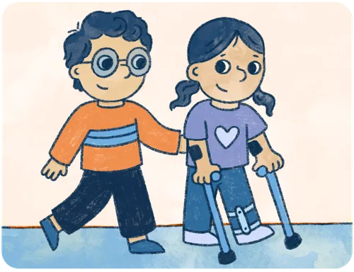 Image of a boy with glasses and a girl with leg braces