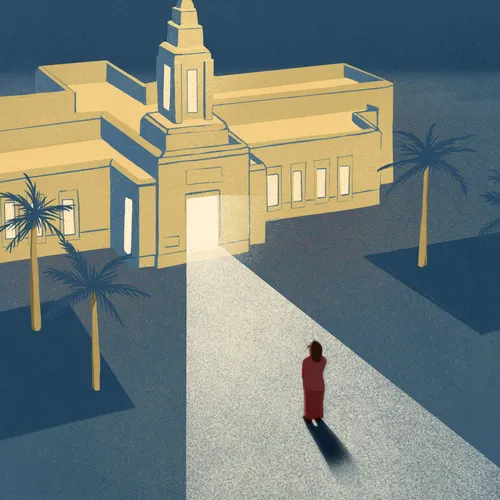 illustration of light pouring from the temple to a woman