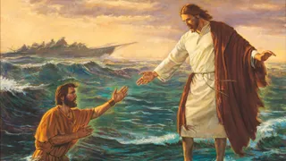 Jesus Christ depicted walking on the water of the Sea of Galilee. The Apostle Peter is in the water. Christ is extending His hand to Peter to prevent Peter from sinking.