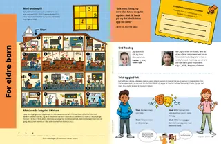 PDF-side med en labyrintaktivitet som viser forskjellige rom i en kirkebygning, et tallpuslespill og en gutt og jente med triste og glade ansikter