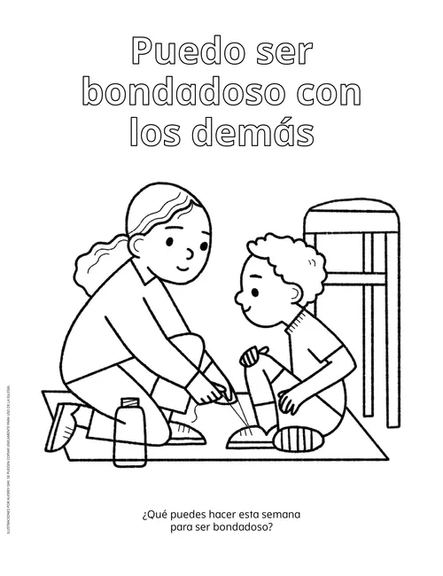 Página para colorear en PDF de una niña atando el zapato de un niño
