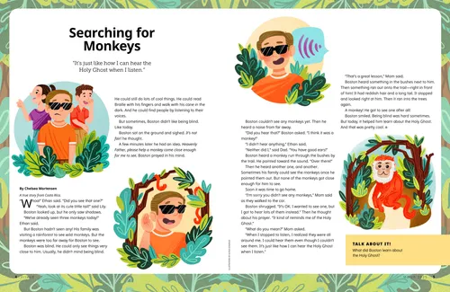 Page PDF of a boy in dark glasses listening for monkeys in a jungle environment