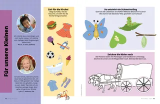 Artikel (PDF) mit einem Ausmalbild von einem Planwagen, einer Aktivität über Schmetterlinge und einer Aktivität zum Sabbat