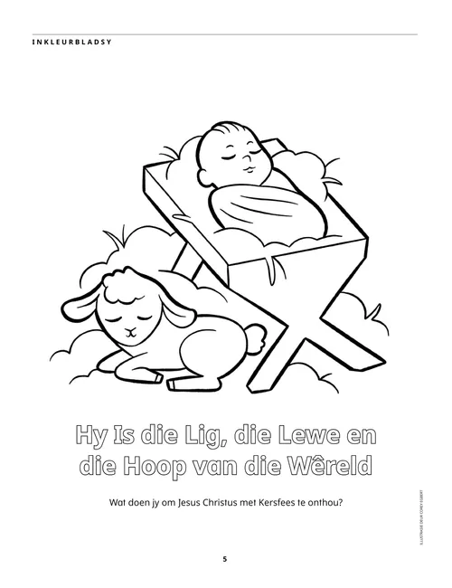 PDF Inkleurbladsy van baba Jesus in die krip en ŉ lammetjie