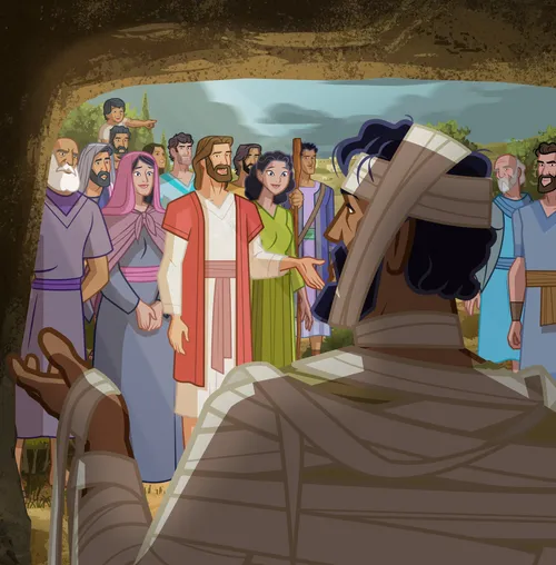 Lazarus walks out of the cave.