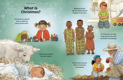 页面PDF：婴孩耶稣与一只羊羔，一个女孩和基督诞生的场景，一个孩子在祈祷，孩子们在微笑，以及一个孩子协助一个男人种菜的插画